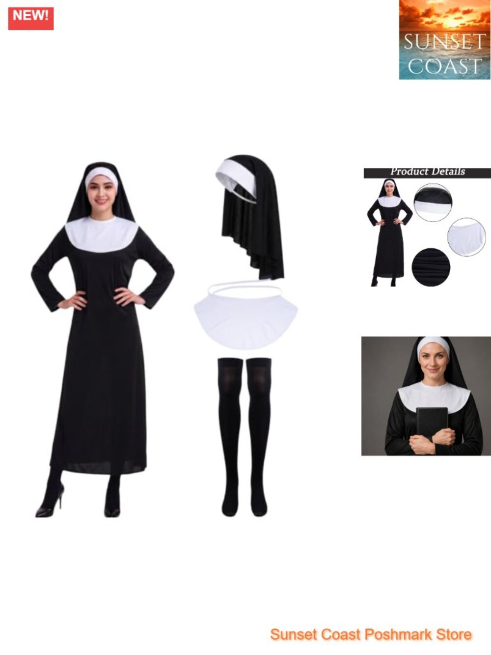 Nun Costume Accessory Set: Headpiece, Collar & Stockings, Polyester, One Size